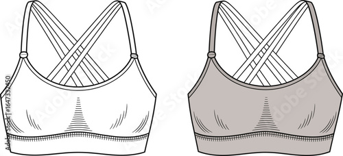 Sports bra front and back view with cross strap design, seamless elastic hem, activewear lingerie top, workout clothing fashion, CAD drawing flat vector illustration