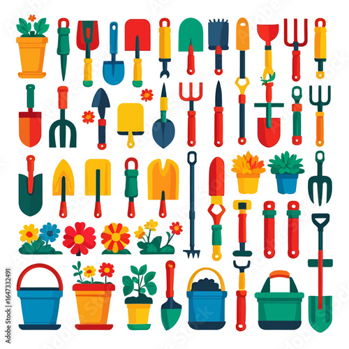 Colorful gardening tools and plants collection on a white background, flat design