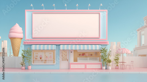 Pastel ice cream shop with billboard awning table chairs and oversized cone on a sunny day