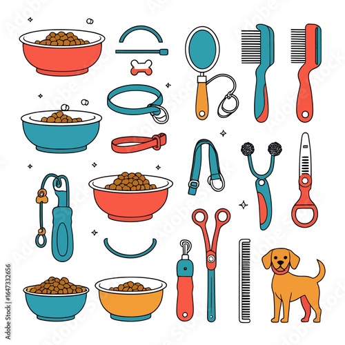 Dog care accessories with food bowls, leashes, brushes