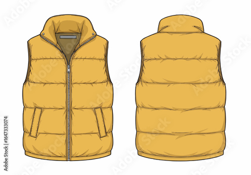 Front and back view of a mustard yellow puffer vest, showing design details and zipper.