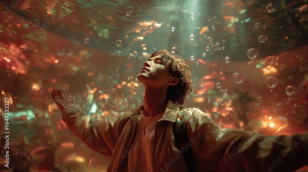 Fototapeta premium A person with their arms outstretched looks up towards a ray of light and bubbles in a surreal, dreamlike world filled with vibrant foliage.