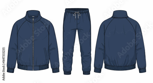 Technical illustration of a navy blue tracksuit jacket and pants, showing front and back views.