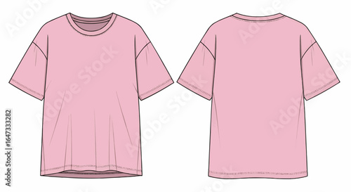 Front and back view of a pink oversized t-shirt, flat illustration.