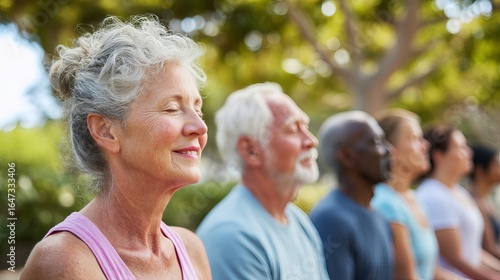 Group of diverse adults practicing mindfulness meditation outdoors in serene nature.