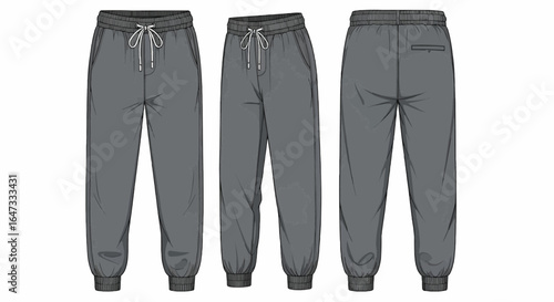 Three views of charcoal gray sweatpants; front, side, and back perspectives showcasing design details.