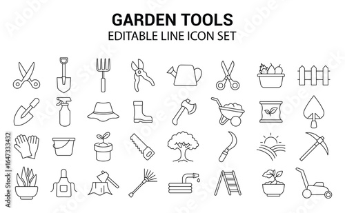 Gardening Tools Editable Line Icons.  Plants, Harvest, and Equipment. Vector Illustration.