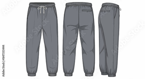 Three views of gray sweatpants: front, back, and side. The pants have an elastic waist and cuffs with a drawstring.
