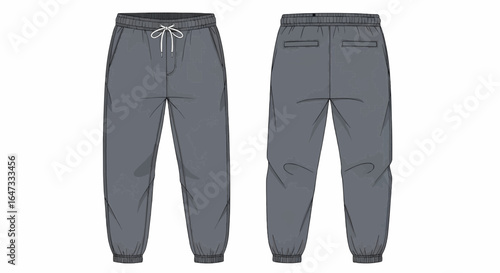 Front and back view technical drawing of gray casual pants.