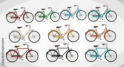 Collection of nine vintage bicycles displayed in various colors and styles on a white background art
