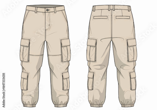 Front and back view of beige cargo pants with multiple pockets, presented as a technical fashion illustration.