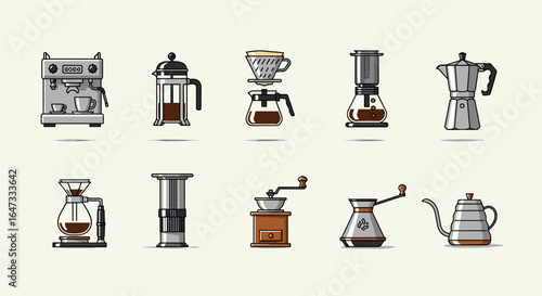 Collection of various coffee brewing methods and equipment displayed in a neat arrangement on a white background