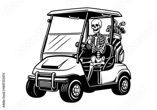 Skeleton Driving a Golf Cart with Golf Clubs in the Back, Ready for a Round of Golf