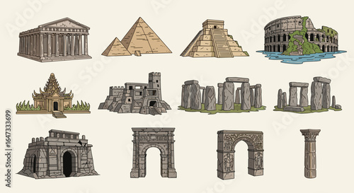 Various historical monuments and architectural structures from around the world are displayed here