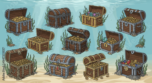 A collection of treasure chests filled with gold coins and jewels sitting on the ocean floor in the sea