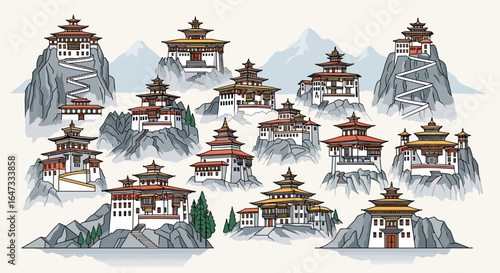 Illustration of various buddhist monasteries perched on rocky cliffs with mountain backdrop