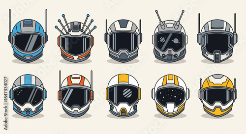 A collection of ten astronaut helmets with various designs and color schemes displayed in a row neatly