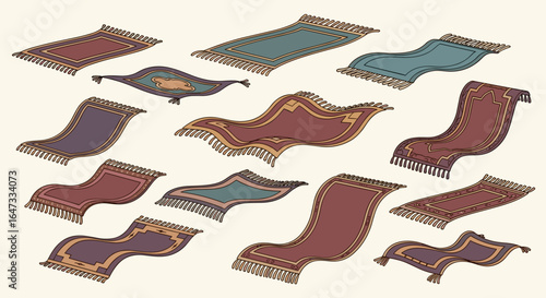Collection of cartoon style flying carpets with tassels in various colors and shapes scattered around