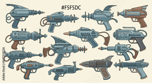 Illustration showcasing a collection of retro futuristic ray guns with varied designs and colors