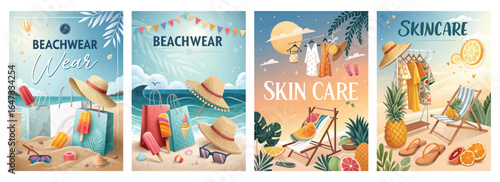 Colorful beach and skincare illustrations with vibrant summery themes and accessories.