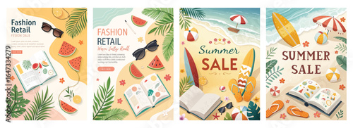 Promotional summer sale posters featuring stylish beach themes and trendy fashion elements.