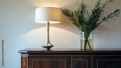 A table lamp and a vase with green foliage on a dark wooden sideboard against a wall.