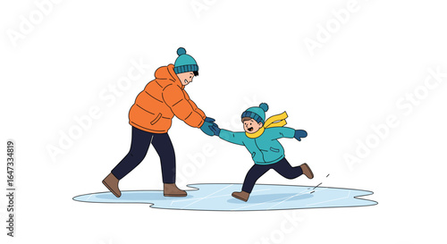 Two young children in winter hats and jackets playing together outdoors on an icy surface holding hands and laughing