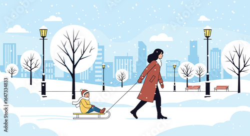 A parent enjoys a winter wonderland sledding adventure with their child through a snowy urban park on a bright and cheerful day