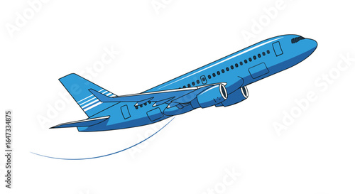 A blue airplane gracefully ascends into the sky leaving a dotted trail behind it