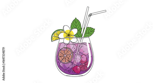 Refreshing summer beverage with fresh fruit garnishes and mint leaves served in a clear glass with two straws