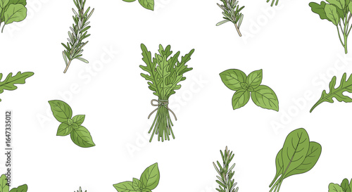 A whimsical pattern of fresh culinary herbs including basil thyme rosemary parsley and more for healthy cooking