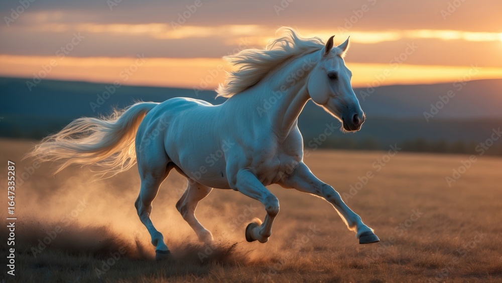 Fototapeta premium White horse running on open field during sunset.