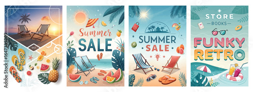 A vibrant summer sale poster featuring colorful beach chairs, tropical fruits, and stylish retro elements.