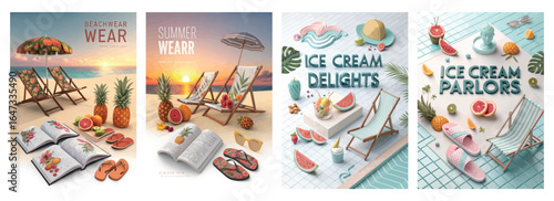 Vibrant summer-themed illustrations showcasing beachwear and delicious ice cream treats.