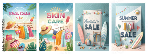 Colorful and vibrant summer sale illustrations showcasing skin care products and beach themes.
