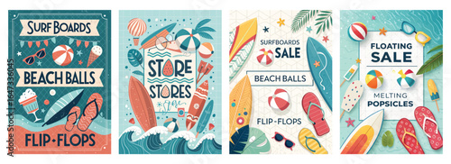 Colorful beach-themed illustrations featuring surfboards, flip-flops, and beach balls.