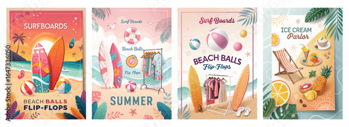 Colorful summer illustrations featuring surfboards, flip-flops, and beach balls in a vibrant beach setting.