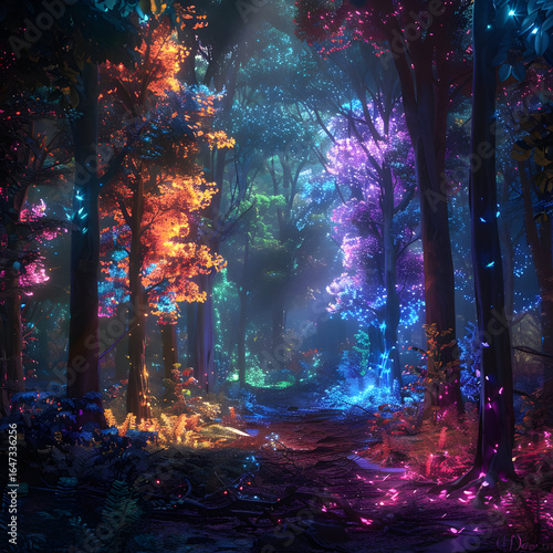 A mystical forest scene illuminated with glowing blue, purple, and pink light, creating a magical and dreamlike atmosphere that feels enchanted and otherworldly.