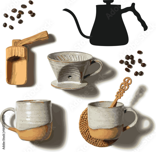 create need A coffee set Crafts, Spoon, electric pot silhouette on white background
