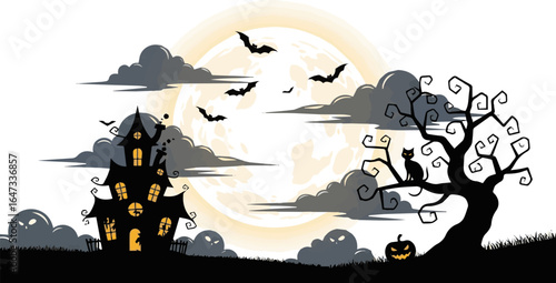 Create a kinds of deferent halloween, moon, night, bat, vector, cartoon, illustration, witch, silhouette, tree, pumpkin, horror vector art with white background.