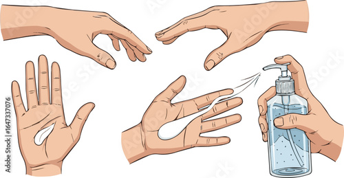 Create a Various gestures of human hands isolated on a white background. Hand hold, Hand open and use Gel bottle or alcohol gel bottle, Vector design elements for infographic, vector art .