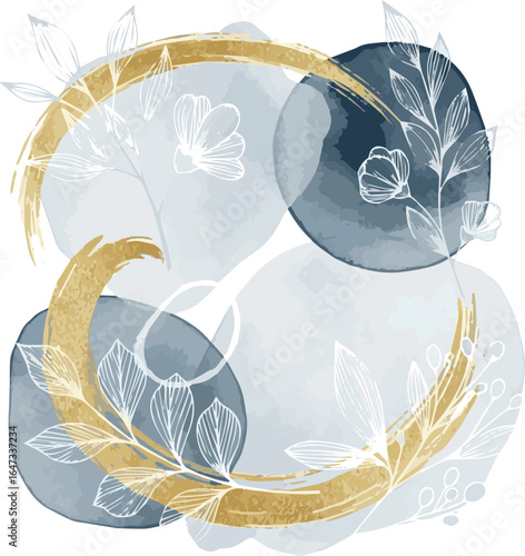 Create a Winter background vector. Hand painted watercolor and gold brush texture, Flower and botanical leaves hand drawing. Abstract art design for wallpaper, wall arts, cover, wedding and invite car