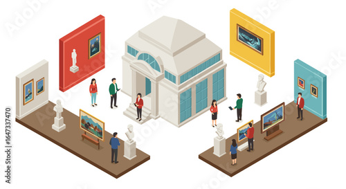 Isometric art gallery scene with visitors engaging with paintings and sculptures