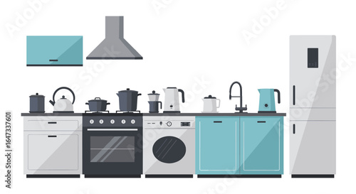 Modern kitchen appliances set with stylish cabinets and electronics
