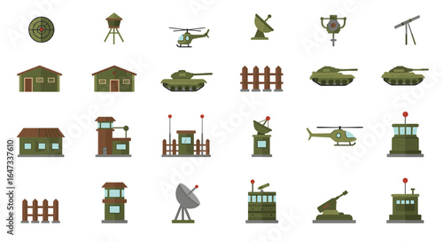 Military base icons collection: tanks, helicopters, radar antennas, and buildings in flat style