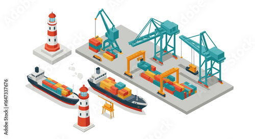 Isometric port infrastructure with cargo ships, cranes, and lighthouses