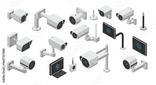 Diverse collection of modern isometric security cameras and monitors