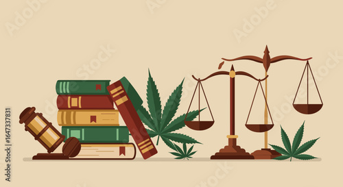 Legal concept with books, gavel, scales, and cannabis leaves - flat design