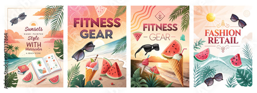 Vibrant tropical illustrations featuring summer themes, including watermelons and sunglasses.