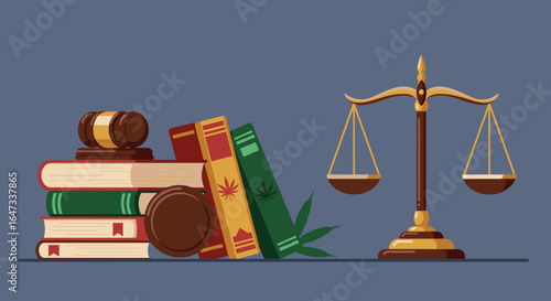 Legal balance with gavel and law books featuring cannabis leaf on classic blue background